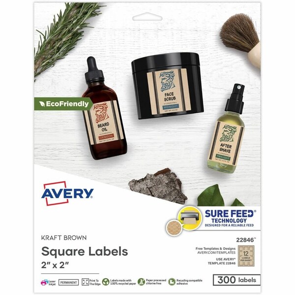 Avery Square Print-To-The-Edge Labels, Inkjet/laser Printers, 2 X 2, Kraft Brown, 25PK 22846 - main