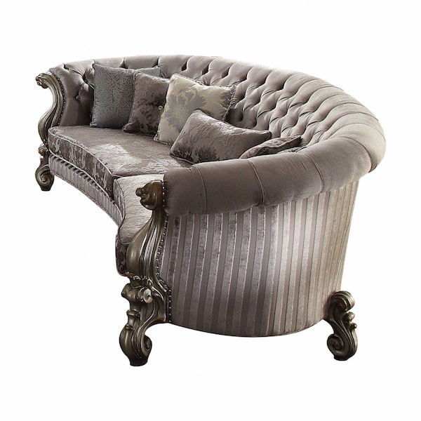 Homeroots 55" Gray Velvet Curved Floral Sofa And Toss Pillows With Champagne Legs 348646 - main