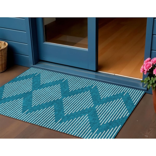 Homeroots 3' X 5' Teal Blue And Ivory Geometric Washable Indoor Outdoor Area Rug 598622 - main