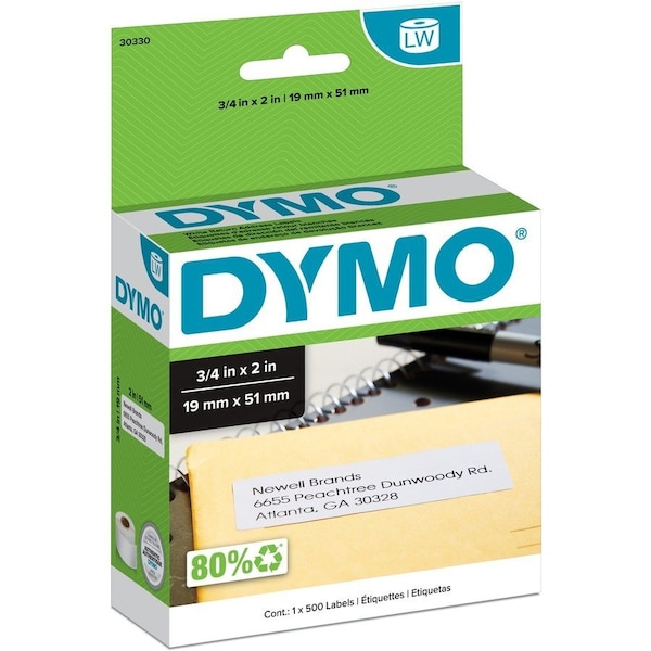 Dymo Printer Label, 3/4 in Label W, 2 in Label H, 500 Labels per Roll, Black on White 30330 - main