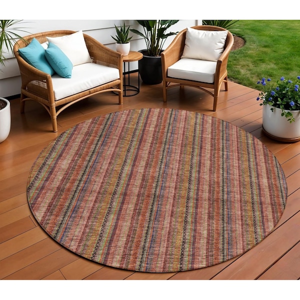 Homeroots 8' Blush Burgundy And Pink Round Striped Washable Indoor Outdoor Area Rug 615033 - main