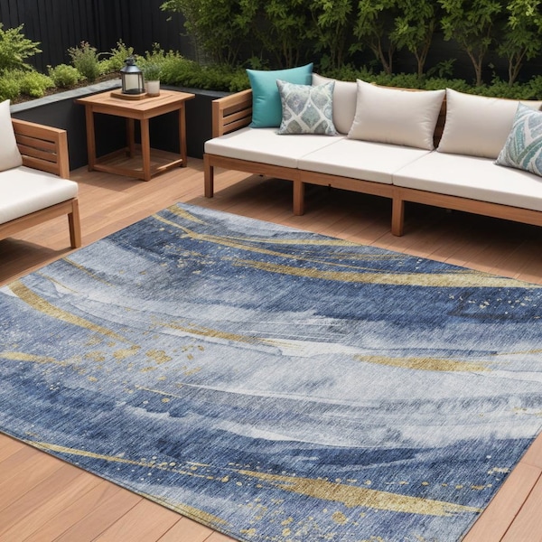 Homeroots 8' X 10' Blue Gold And Ivory Abstract Washable Indoor Outdoor Area Rug 617428 - main