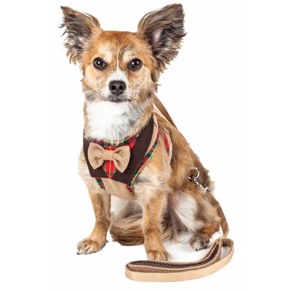 Petpurifiers Luxe Dapperbone 2in 1 Mesh Reversed Adjustable Dog Harness-Leash with Fashion Bowtie, Brown, Large PE3174998 - main