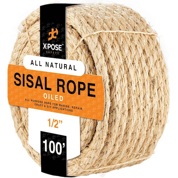 Xpose Safety Sisal Rope, 1/2 In Thick Rope, Heavy Duty Durable Natural Fiber Rope 1/2 x 100Ft SR12-100-X - main
