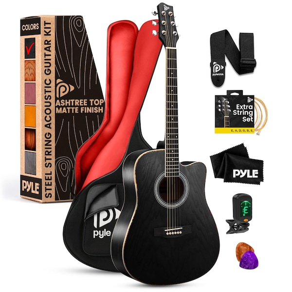 Pyle Steel String Acoustic Guitar Kit, 41 in Full Size Cutaway with Ashtree Top, Open Pore Finish PGA480BK - main