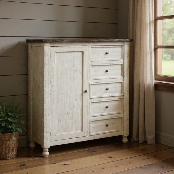 Homeroots 55" Gray and Ivory Solid Wood Five Drawer Gentlemans Chest 524570 - main