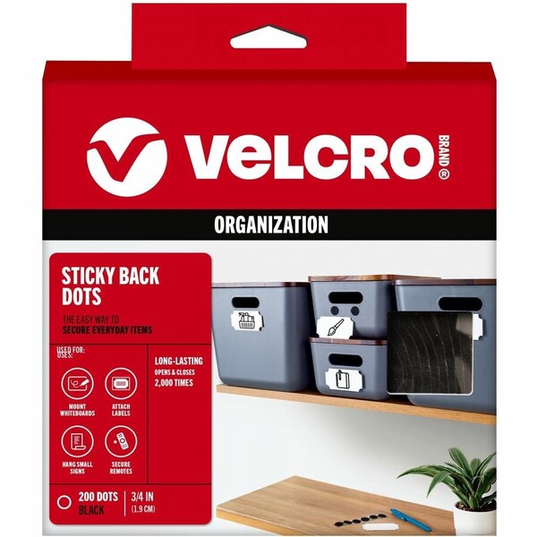 Velcro Brand Velcro, STICKY-BACK FASTENERS, REMOVABLE ADHESIVE, 0.75in DIA, BLACK, 200PK 91823 - main