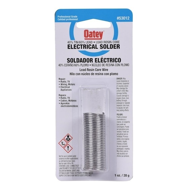Oatey Rosin Core Solder, 1 oz Carded, Solid, Silver, 361 to 460 deg F Melting Point 53012 - main