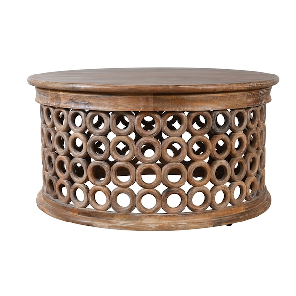 Homeroots 39" Brown Solid Wood Round Distressed Drum Coffee Table 606255 - main