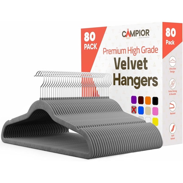 Campior Premium Velvet Non-Slip Hangers, Heavy Duty, 360 Deg Swivel Hook, Grey Velvet Finish, 80PK CMPVVH80GY - main