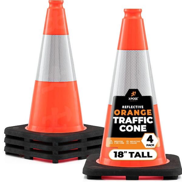 Xpose Safety Traffic Safety Cone, 18 in, PVC, 6 in Reflective Collar, DOT Approved, Orange, 4 pk OTC18-6-4-X-S - main