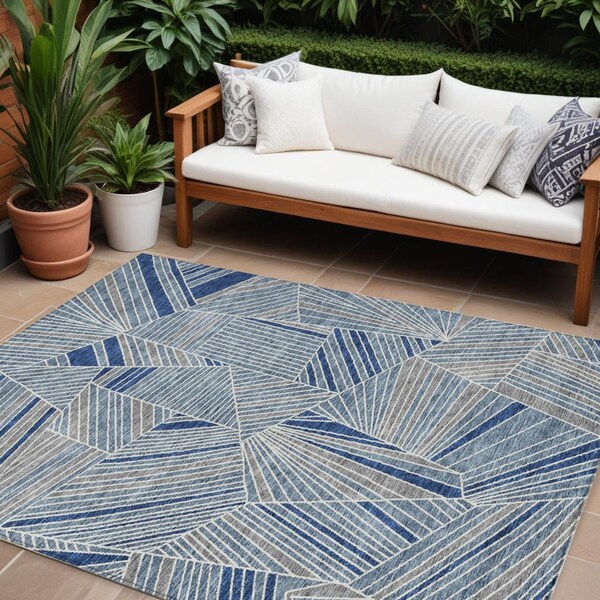 Homeroots 9' X 12' Denim Blue Gray And Ivory Geometric Washable Indoor Outdoor Area Rug 594777 - main