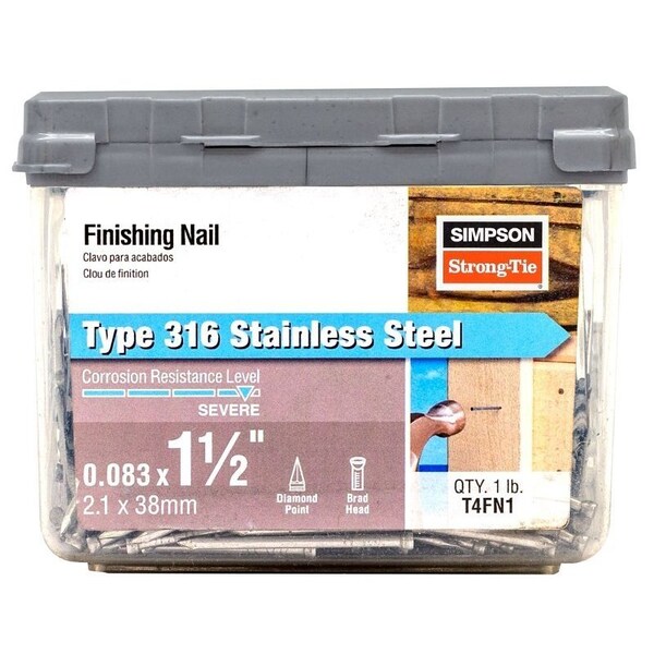 Simpson Strong-Tie Finishing Nail, 4D, 1-1/2 in L, 14 ga Gauge, Stainless Steel, Brad Head, Smooth Shank T4FN1 - main