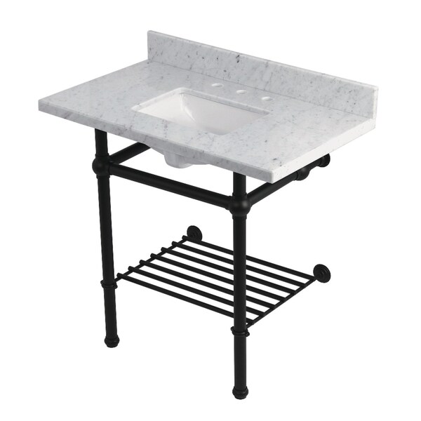Kingston Brass 36-Inch Carrara Marble Console Sink with Brass Legs and Shelf, 8-Inch, 3-Hole KVPB36MBSQB0 - main