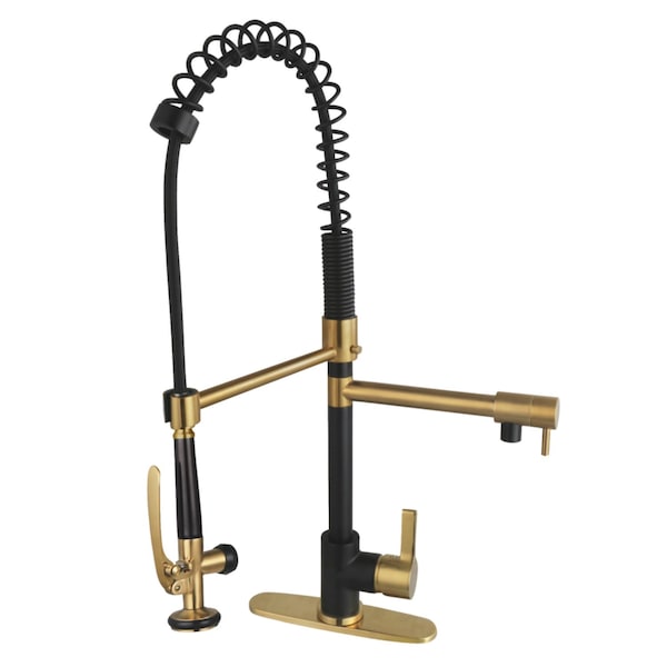 Kingston Brass Single-Handle Deck-Mount Pre-Rinse Kitchen Faucet with Pot Filler, Matte Black/Brushed Brass LS850CTLMBBB - main