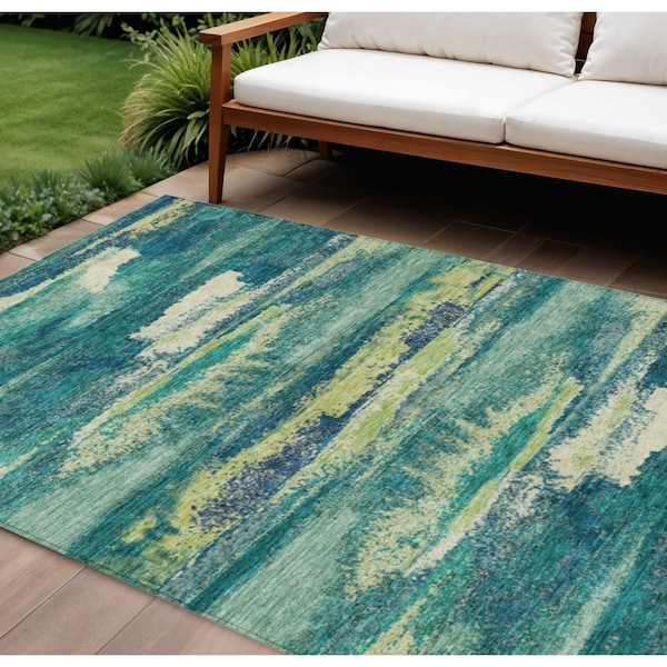 Homeroots 9' X 12' Emerald And Lime Green Abstract Washable Indoor Outdoor Area Rug 612501 - main