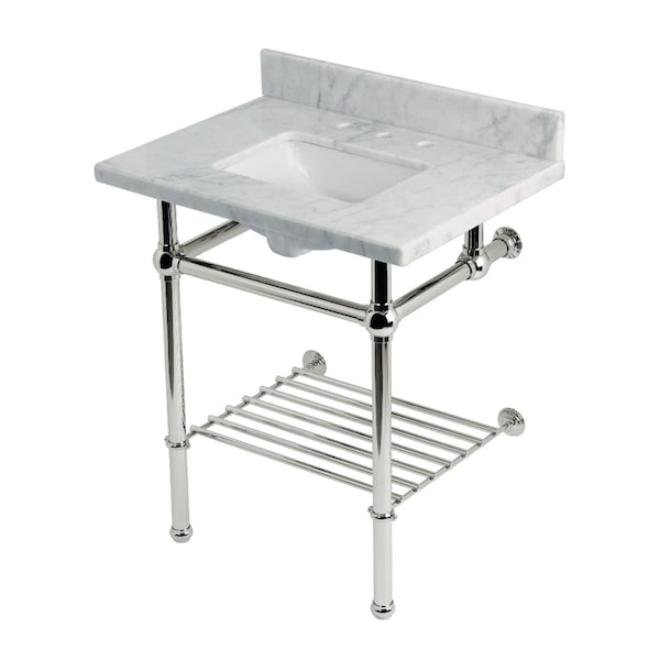 Kingston Brass 30-Inch Carrara Marble Console Sink with Brass Legs and Shelf, 8-Inch, 3-Hole KVPB30MBSQB6 - main