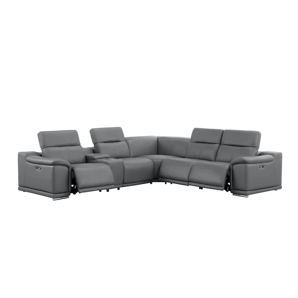 Homeroots Battleship Gray Leather Power Reclining L Shaped Six Piece Corner Sectional With Console 643944 - main