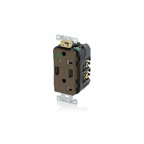 Leviton USB Charger/Duplex Tamper-Resistant Receptacle, Hospital Grade, 3.6/20 Amp, 125 Volt, Brown T5832-HG - main