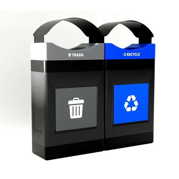 Commercial Zone Products Avante Series Dual Stream Black Trash/Recycling 30 Gallon Shallow Containers w/ Canopy 787208MSA - main