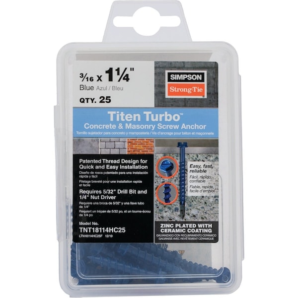 Simpson Strong-Tie Titen Turbo 3/16''x1-1/4'' Hex-Head Concrete & Masonry Screw Blue, 25 Ct. TNT18114HC25 - main