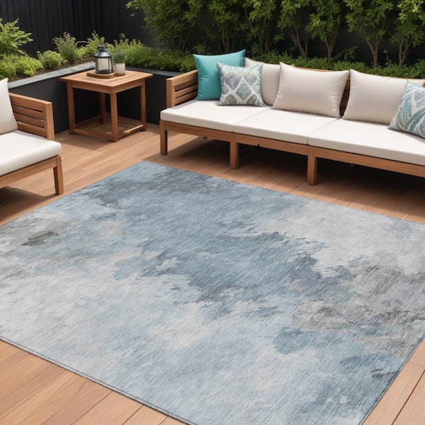Homeroots 10' X 14' Sky Blue Gray And Ivory Abstract Washable Indoor Outdoor Area Rug 617424 - main