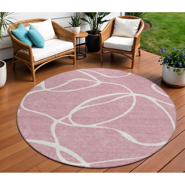 Homeroots 8' Pink And Ivory Round Abstract Washable Indoor Outdoor Area Rug 597501 - main