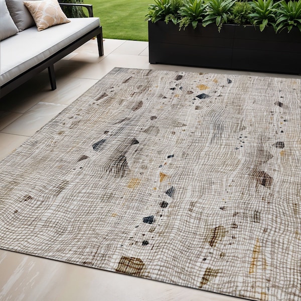 Homeroots 5' X 8' Linen And Gold Abstract Washable Indoor Outdoor Area Rug 631180 - main