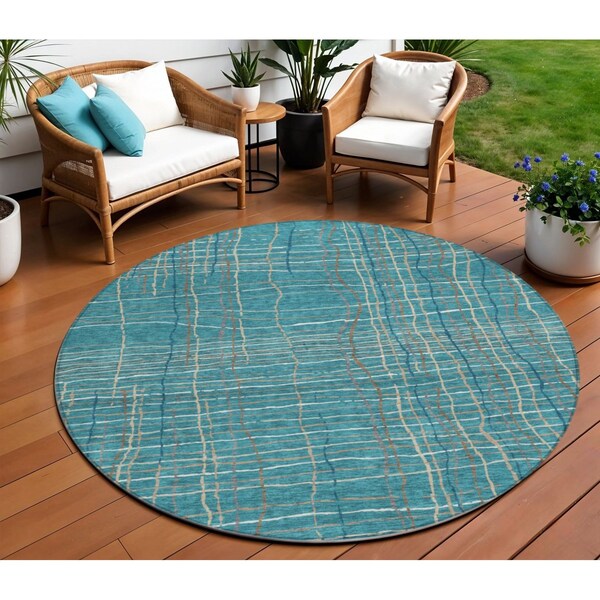 Homeroots 8' Teal Blue Gray And Brown Round Striped Washable Indoor Outdoor Area Rug 597435 - main