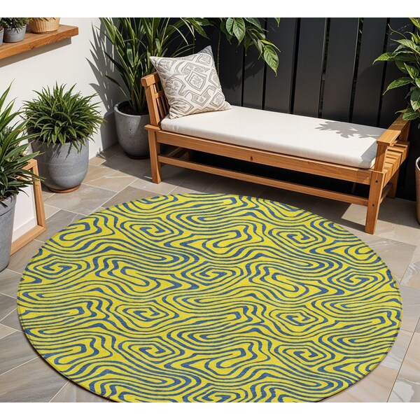 Homeroots 8' Yellow And Blue Round Abstract Washable Indoor Outdoor Area Rug 599846 - main