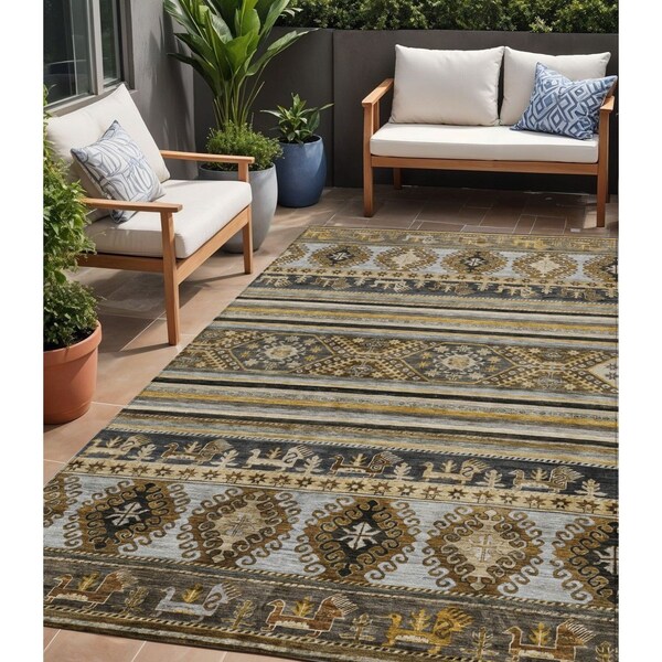 Homeroots 3' X 5' Chocolate Taupe And Gold Tribal Washable Indoor Outdoor Area Rug 615404 - main