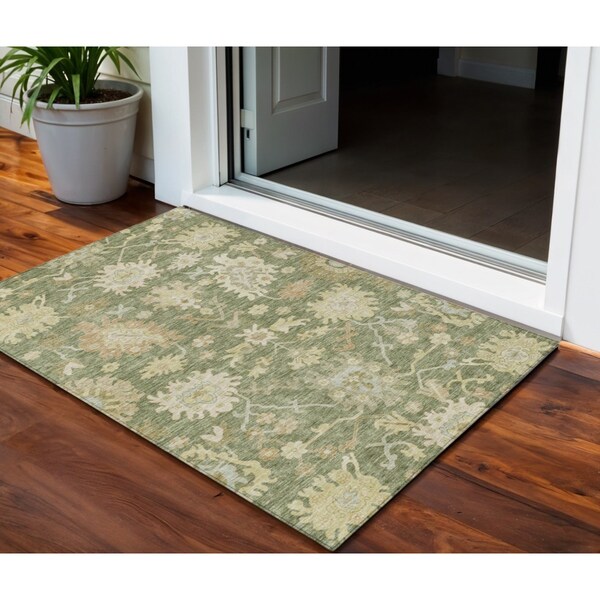 Homeroots 3' X 5' Artichoke Green Ivory And Tan Floral Washable Indoor Outdoor Area Rug 605181 - main