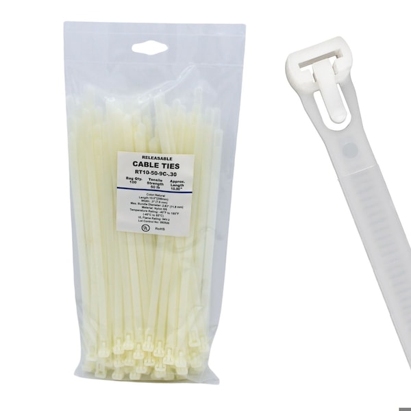 Cable Ties Unlimited Releasable Cable Tie, 10 in L, 50 lb Strength, 2.6 in Max Bundle Dia, Nylon, Natural, 100PK RT10-50-9C-.30 - main