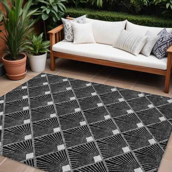 Homeroots 9' X 12' Black Gray And Ivory Geometric Washable Indoor Outdoor Area Rug 594687 - main
