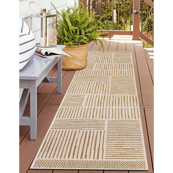 World Rug Gallery Contemporary Stripe Weather Resistant Reversible Indoor/Outdoor Rug 2 ft x 7 ft Natural WR113NATURAL2X7 - main