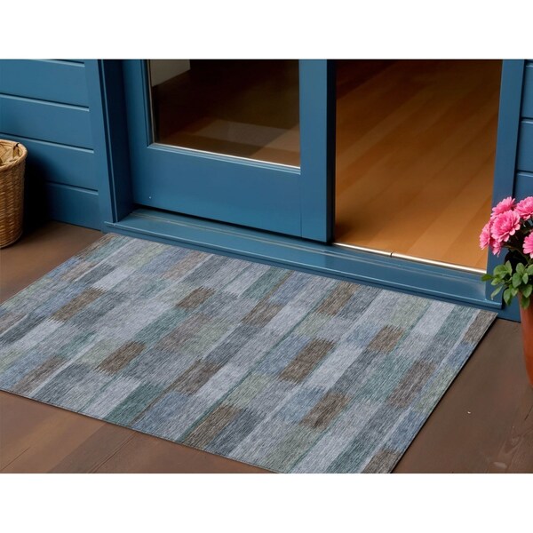 Homeroots 3' X 5' Blue Denim Blue And Brown Striped Washable Indoor Outdoor Area Rug 615476 - main