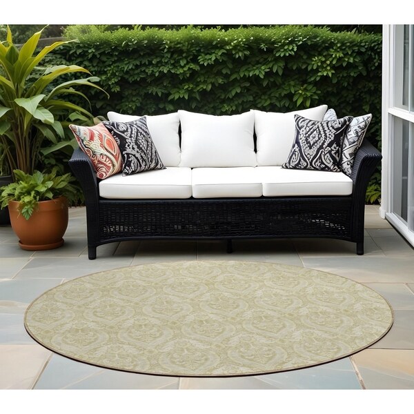 Homeroots 8' Round Light Green Round Damask Washable Non Skid Indoor Outdoor Area Rug 563858 - main