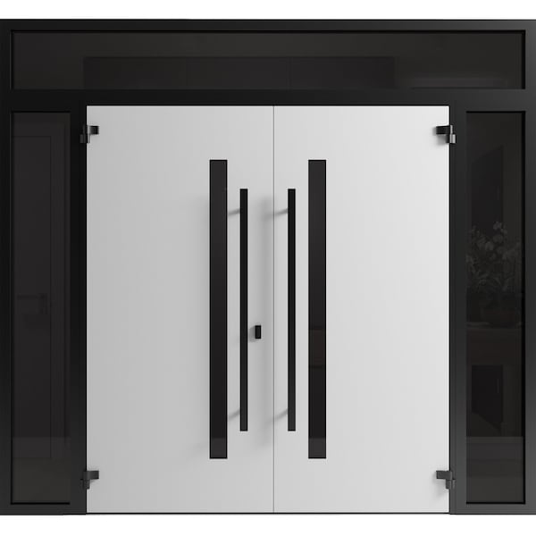 Vdomdoors Front Exterior Prehung Aluminum Double Doors Ronex0144 Grey 2 Sidelights and Top Transom Mirrored RONEX0144DEXD-GRE-W16+72+16xH96+14-LH-I - main