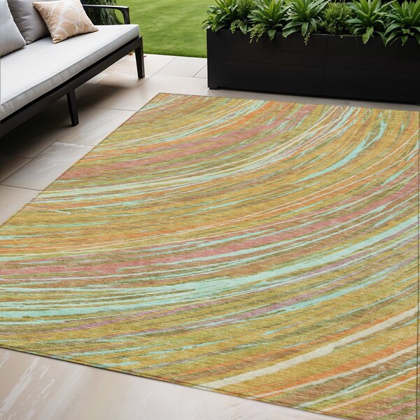 Homeroots 5' X 8' Gold Sky Blue And Coral Abstract Washable Indoor Outdoor Area Rug 631246 - main