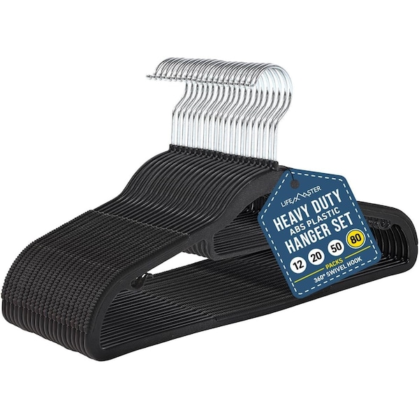 Lifemaster Heavy Duty Clothes Hanger Set, Non-Slip, 360 Deg Swivel, Space-Saving, Black, 80PK LMNOBK80 - main