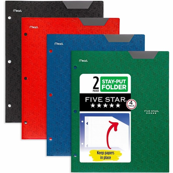 Mead Products Two-Pocket Stay-Put Plastic Folder, 11 x 8.5, Assorted, 4PK 38049 - main