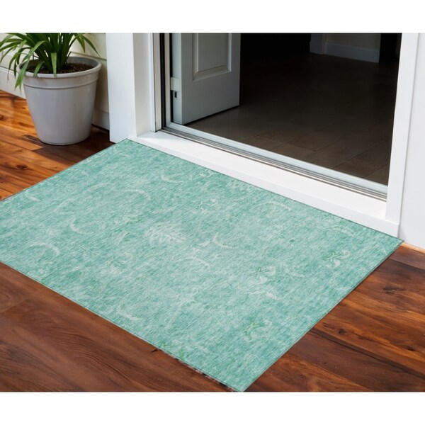 Homeroots 3' X 5' Aqua And Ivory Damask Washable Indoor Outdoor Area Rug 603353 - main