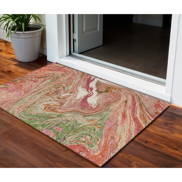 Homeroots 3' X 5' Coral Green And Ivory Abstract Washable Indoor Outdoor Area Rug 602617 - main