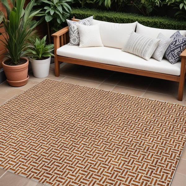 Homeroots 10' X 14' Copper And Beige Geometric Washable Indoor Outdoor Area Rug 594502 - main