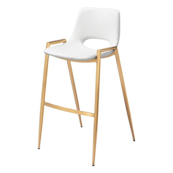 Homeroots Set of Two 30" White And Gold Faux Leather And Steel Low Back Bar Height Bar Chairs 555664 - main