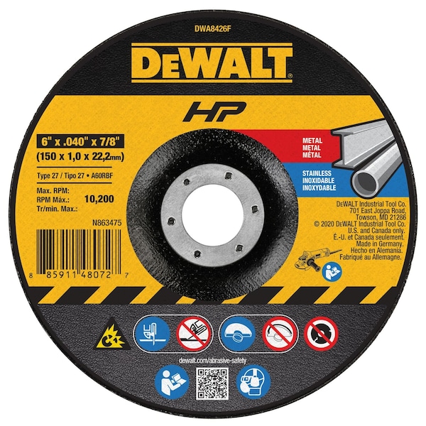 Dewalt Depressed Center Cut-Off Wheel, Type 27, 6 in Dia, 0.04 in Thick, 7/8 in Arbor Hole Size, 60 Grit DWA8426F - main