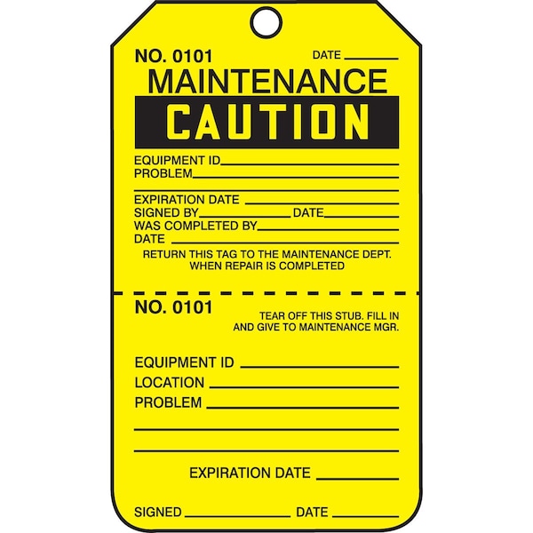 Accuform Safety Tags, CAUTION MAINTENANCE, Perforated, 5.75in x 3.25in, RP-Plastic, 25PK TPP206PTP - main