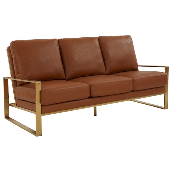 Leisuremod Jefferson Modern Design Leather Sofa with Gold Frame, Cognac Tan JAG77BR-L - main