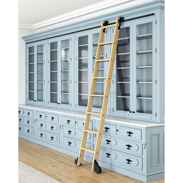 Quiet Glide 8.06 ft. White Oak Sunburst Wheel Black Rolling Hook Removable Ladder, 12 ft. Rail QG.510-8WO-12-H.08 - main