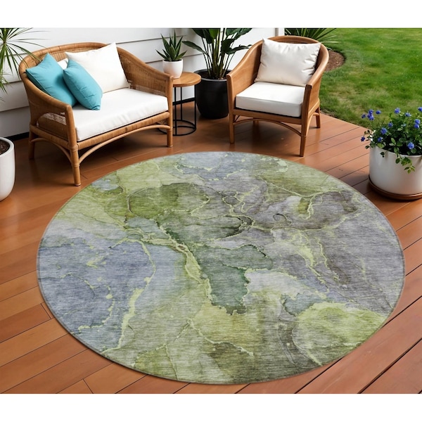 Homeroots 8' Olive Green And Gray Round Abstract Washable Indoor Outdoor Area Rug 581769 - main